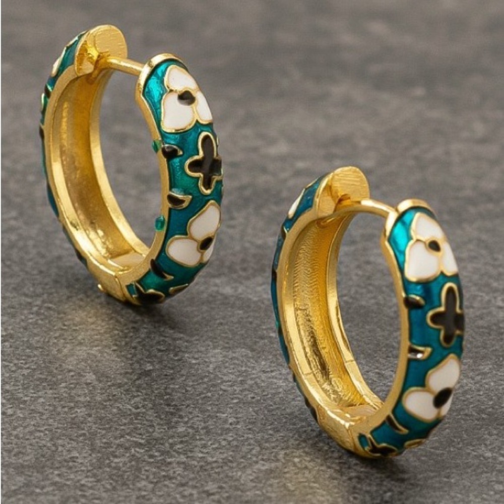 Blue Floral Huggies Earrings (9015) - Picture 2 of 3
